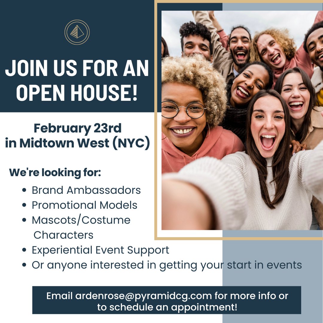 We're hosting an #OpenHouse for seasoned and aspiring #BrandAmbassadors, #PromotionalModels, #Mascots, #CostumeCharacters, and #ExperientialEventSupport on Feb 23rd in Midtown NYC. 

Meet our team, learn about the exciting #events we're working on, & find out how you can join us.