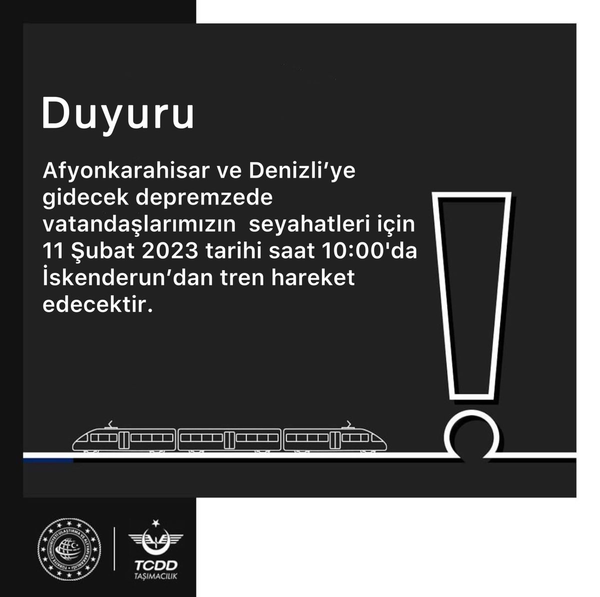 Duyuru:
Afyonkarahisar ve Denizli’ye gidecek depremzede vatandaşlarımızın seyahatleri için 11 Şubat 2023 tarihi saat 10:00'da İskenderun’dan tren hareket edecektir.