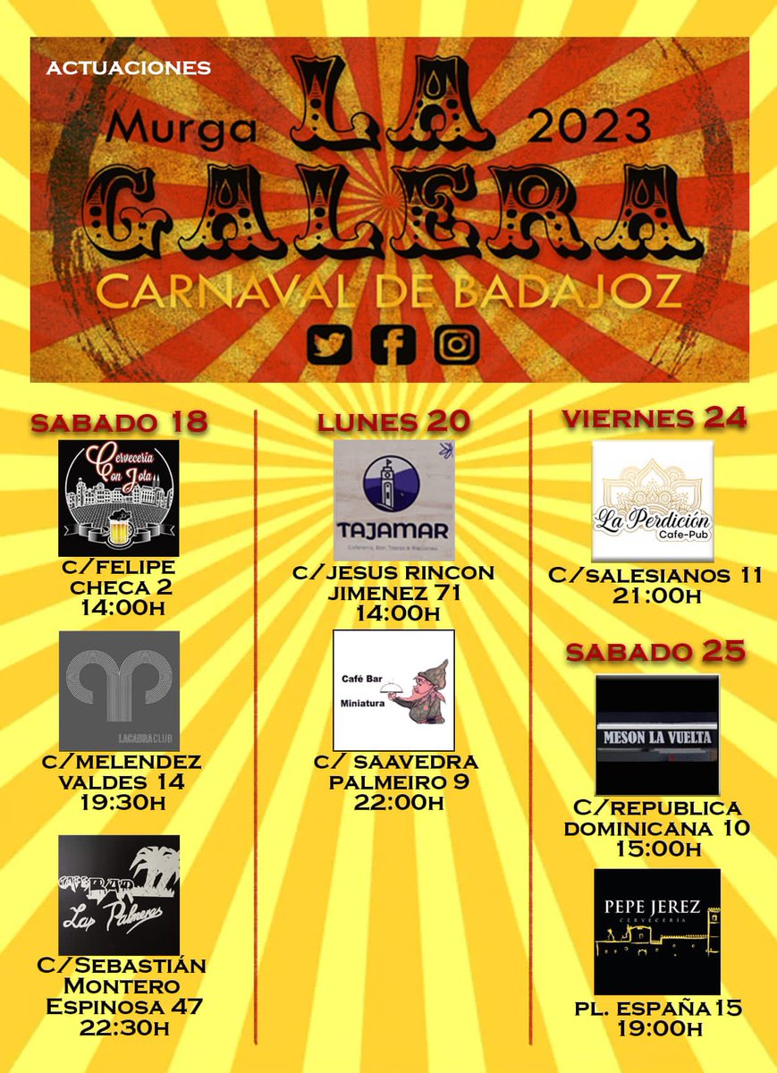 Os dejamos por aquí nuestras actuaciones de este año. Iremos informando de las actuaciones callejeras más adelante.Gracias a todos los bares que cuentan con nosotros un año más!!! Pasen y vean…. Feliz carnaval!!!