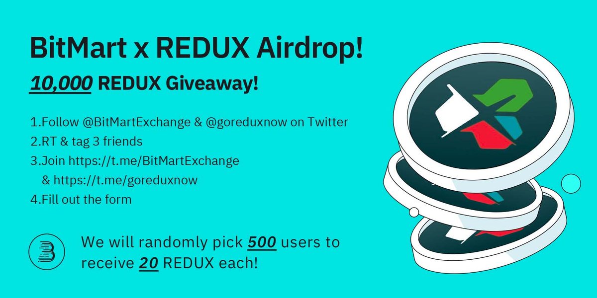 BitMart (@bitmartexchange) on Twitter photo 🚀To celebrate the primary listing for <a href="/goreduxnow/">ReduX Technologies AG</a> join to win 10,000 $REDUX 🤑
1⃣Follow <a href="/BitMartExchange/">BitMart</a> & <a href="/goreduxnow/">ReduX Technologies AG</a>
2⃣RT &tag 3frds
3⃣Join t.me/BitMartExchange & t.me/goreduxnow
4⃣Fill forms.gle/Xxup1uy3CuPoUj…
💎500 lucky winners get 20 $REDUX each!
⏰By 2/17 🚀To celebrate the primary listing for <a href="/goreduxnow/">ReduX Technologies AG</a> join to win 10,000 $REDUX 🤑
1⃣Follow <a href="/BitMartExchange/">BitMart</a> & <a href="/goreduxnow/">ReduX Technologies AG</a>
2⃣RT &tag 3frds
3⃣Join t.me/BitMartExchange & t.me/goreduxnow
4⃣Fill forms.gle/Xxup1uy3CuPoUj…
💎500 lucky winners get 20 $REDUX each!
⏰By 2/17