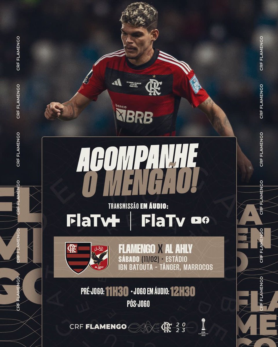 O Mengão entra em campo amanhã, às 12h30 (horário de Brasília), para enfrentar o Al Ahly. É a disputa do terceiro lugar do Mundial de Clubes. Acompanhe a transmissão em áudio da FlaTV! O pré-jogo começa às 11h30!