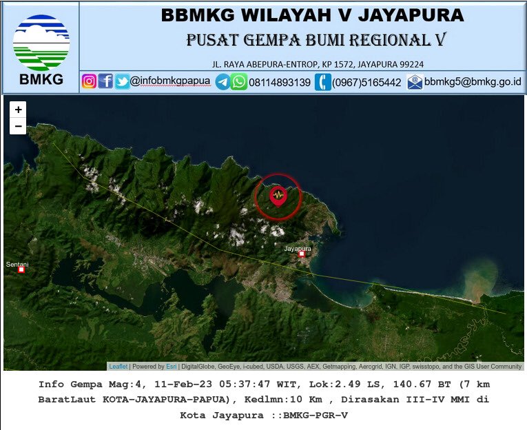 InfoBMKGPapua's tweet photo. Info Gempa Mag:4, 11-Feb-23 05:37:47 WIT, Lok:2.49 LS, 140.67 BT (7 km BaratLaut KOTA-JAYAPURA-PAPUA), Kedlmn:10 Km , Dirasakan III-IV MMI di Kota Jayapura ::BMKG-PGR-V https://t.co/D8lbBpcFDI