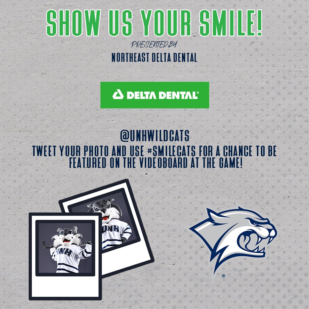 UNHWildcats's tweet photo. Only five home games left to get your picture on the video board! Show Northeast Delta Dental your smile while you’re cheering on the ‘Cats tonight at the Whittemore Center! Use #SmileCats for your chance to have your photo shown! https://t.co/8AOiUdY182