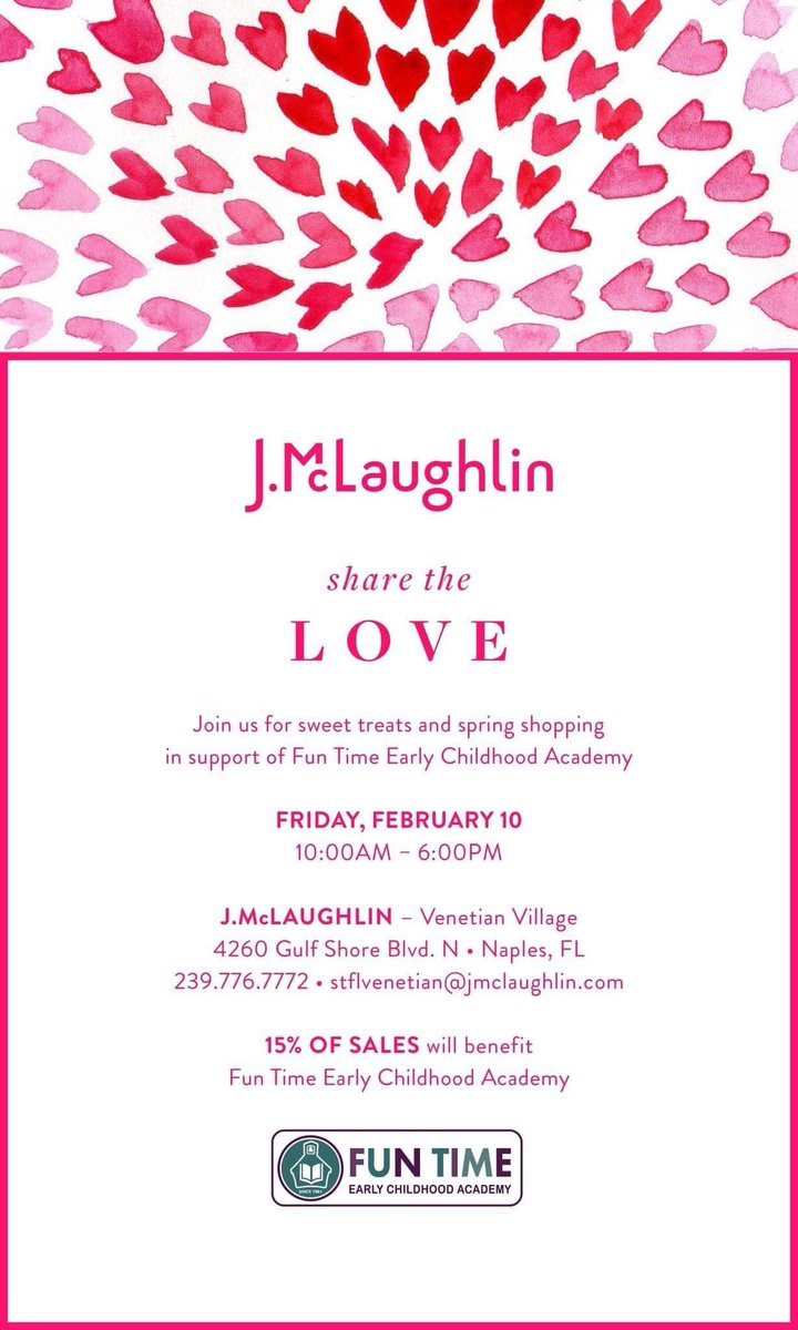 funtimenaples's tweet photo. Thank you Glenview ladies for shopping at The Village Shops on Venetian Bay at JMcLaughlin today.
15% of the sales will benefit our early learning centers.
#SupportUs #sipandshop #qualityearlylearning #earlychildhoodeducation #jmclaughlin https://t.co/8JnBpUc0OB