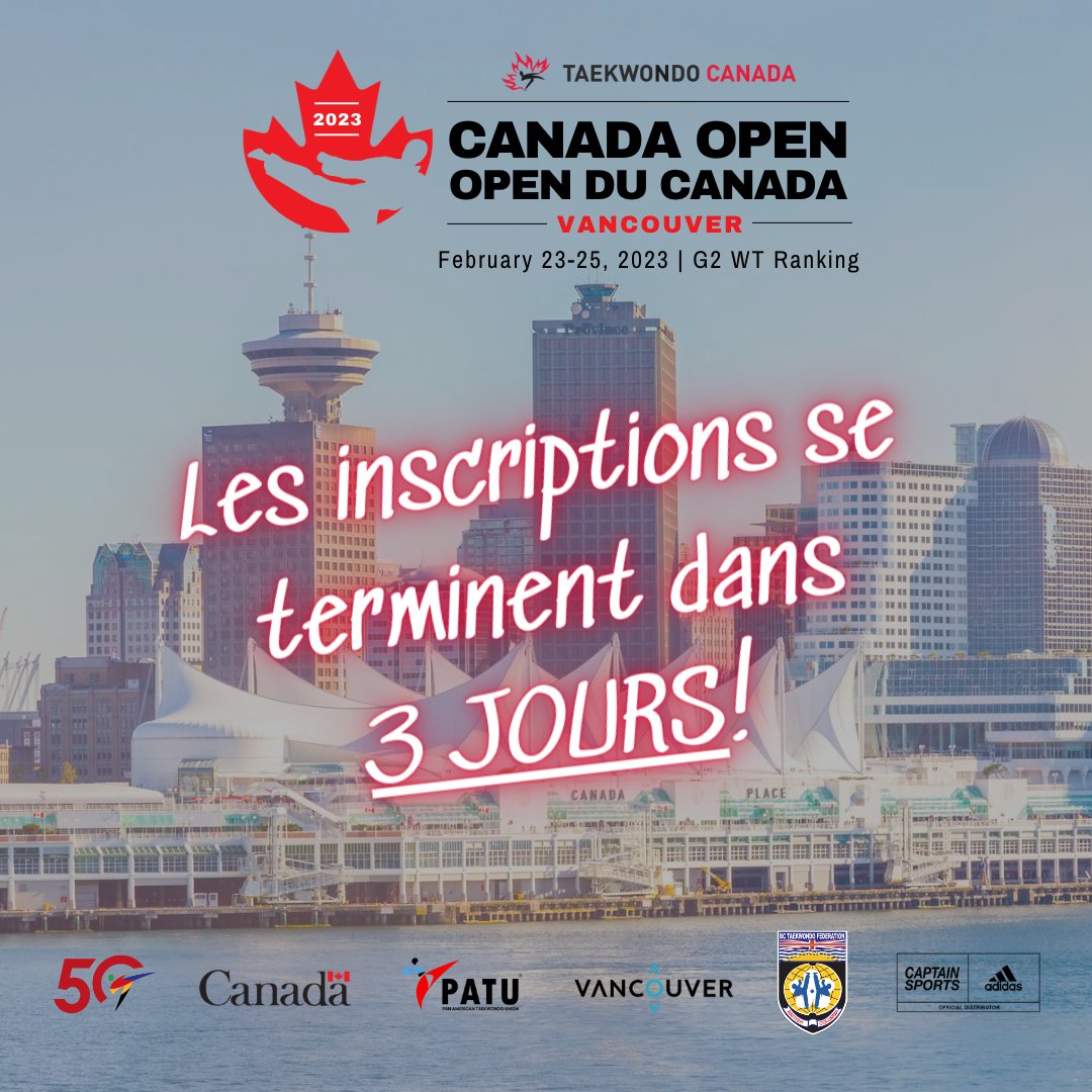 🚨 The Registration Deadline for the 2023 Canada Open 🇨🇦 is quickly approaching!

👉 Register Today at worldtkd.simplycompete.com
---
🚨 La date limite d'inscription à l'Open du Canada 2023 🇨🇦 approche à grands pas!

👉 Inscrivez-vous dès aujourd'hui à worldtkd.simplycompete.com