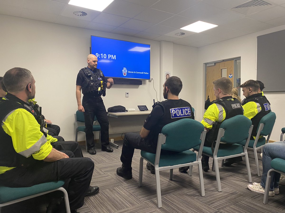 Officers in #Exeter attending a briefing before heading out on patrol with uniformed and plain clothed officers as part of #OpVigilant - which covers one of our Force’s priorities in tackling violence against women and girls. #ItsNotOK