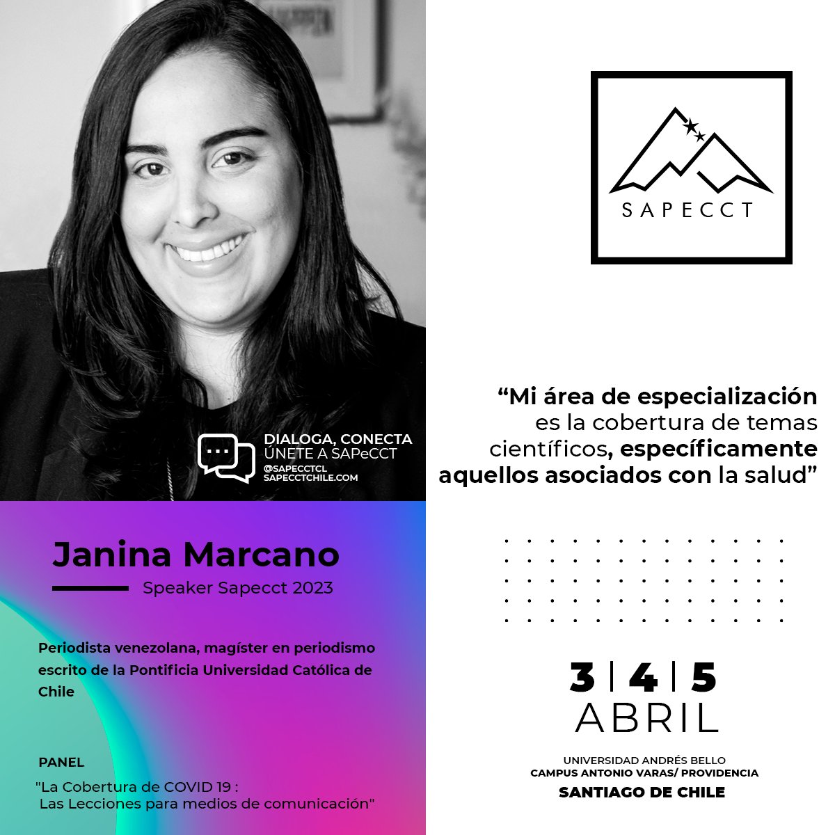 sapecct's tweet photo. Janina Marcano, periodista venezolana, magíster en periodismo escrito de la Pontificia Universidad Católica de Chile, presente en #SAPeCCT2023

Hablemos del futuro del periodismo y comunicación de la ciencia💬

Visita👉 https://t.co/9OEY72FLQQ e inscríbete https://t.co/xpxPXKoStB