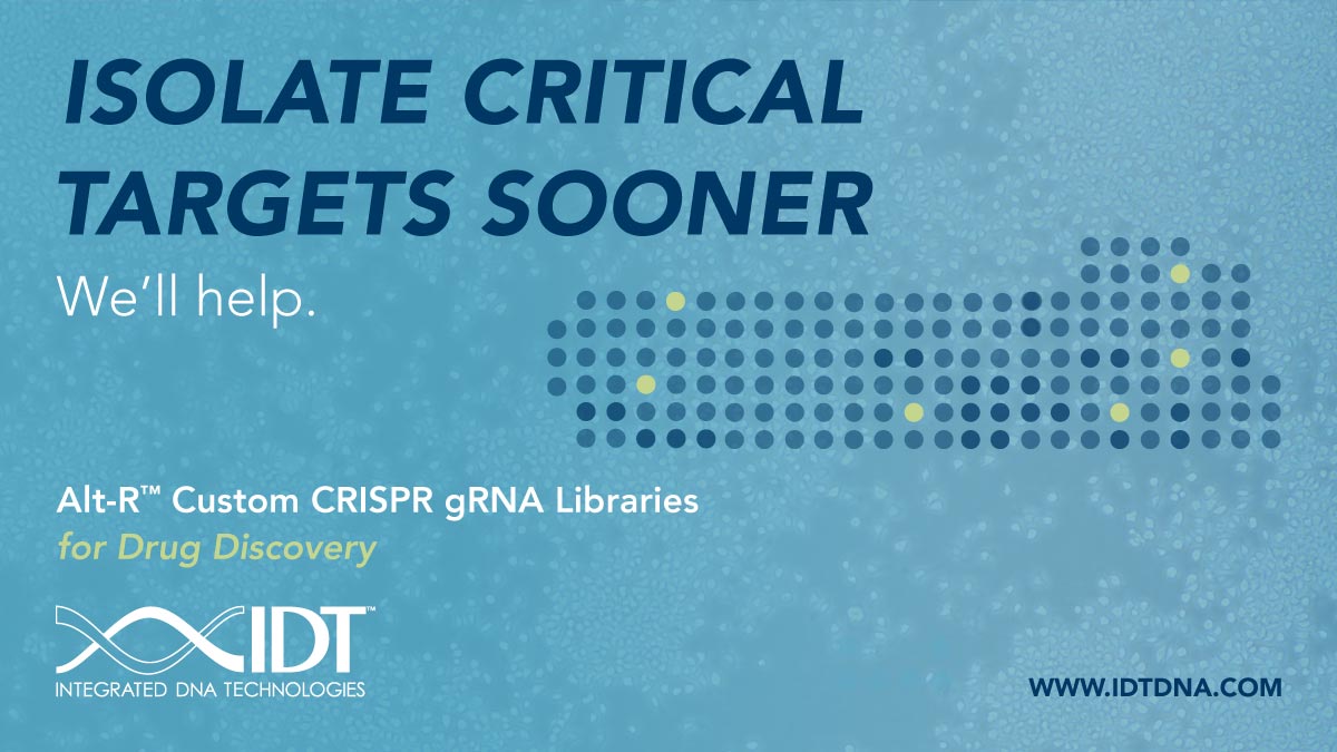 idtdna's tweet photo. Isolate critical targets sooner with our custom CRISPR gRNA libraries, which are built to meet your high-throughput screening needs. Learn more here: https://t.co/e097qurqyM
#IDT #IDTdna #CRISPR #CRISPRlibraries https://t.co/AidwXjHJ4s
