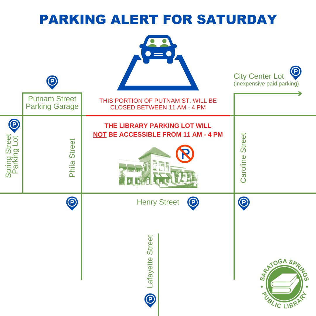 SaratogaLibrary's tweet image. Please be advised, Putnam St. will be closed between Caroline and Phila Streets from 11AM - 4PM TOMORROW for #Chowderfest. No traffic will be allowed through. Therefore, THE LIBRARY LOT WILL NOT BE ACCESSIBLE FROM 11AM - 4PM. Thank you. #SSPL #SaratogaLibrary #Parking