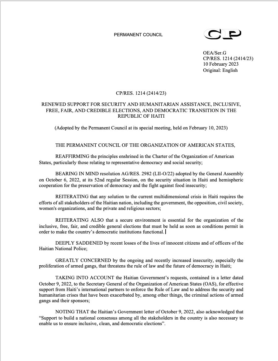 OAS_official's tweet photo. OAS Permanent Council approves by acclamation the resolution “Renewed support for security and humanitarian assistance, inclusive, transparent, free, fair and credible elections, and democratic transition in the Republic of Haiti” https://t.co/6cB8yUDzPy
