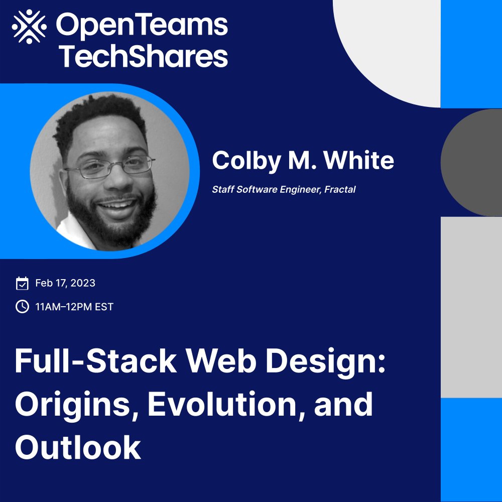 openteamsinc's tweet image. Hear from Colby M. White, Senior Staff Engineer @ Fractal, as he makes the case for the velocity &amp;amp; tooling simplicity enabled by full-stack frameworks, and hypothesizes on future prospects for full-stack.

🗓️17 Feb 2023
🕚11AM EST

Register: hopin.com/events/full-st…

#TechShares