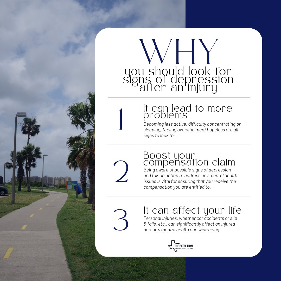 ThePatelLawFirm's tweet image. Being aware of your mental health is crucial to your case and to your life. 

#thePatelLawFirm #DepressionSigns #PersonalInjuryAttorney