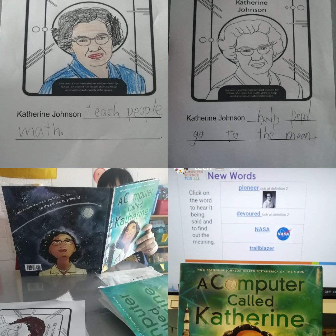 Studying Katherine Johnson as a CS pioneer for Black History Month! Awesome book and vocabulary slides from @CSforAllNYC ad @ValerieBrock24! 💖