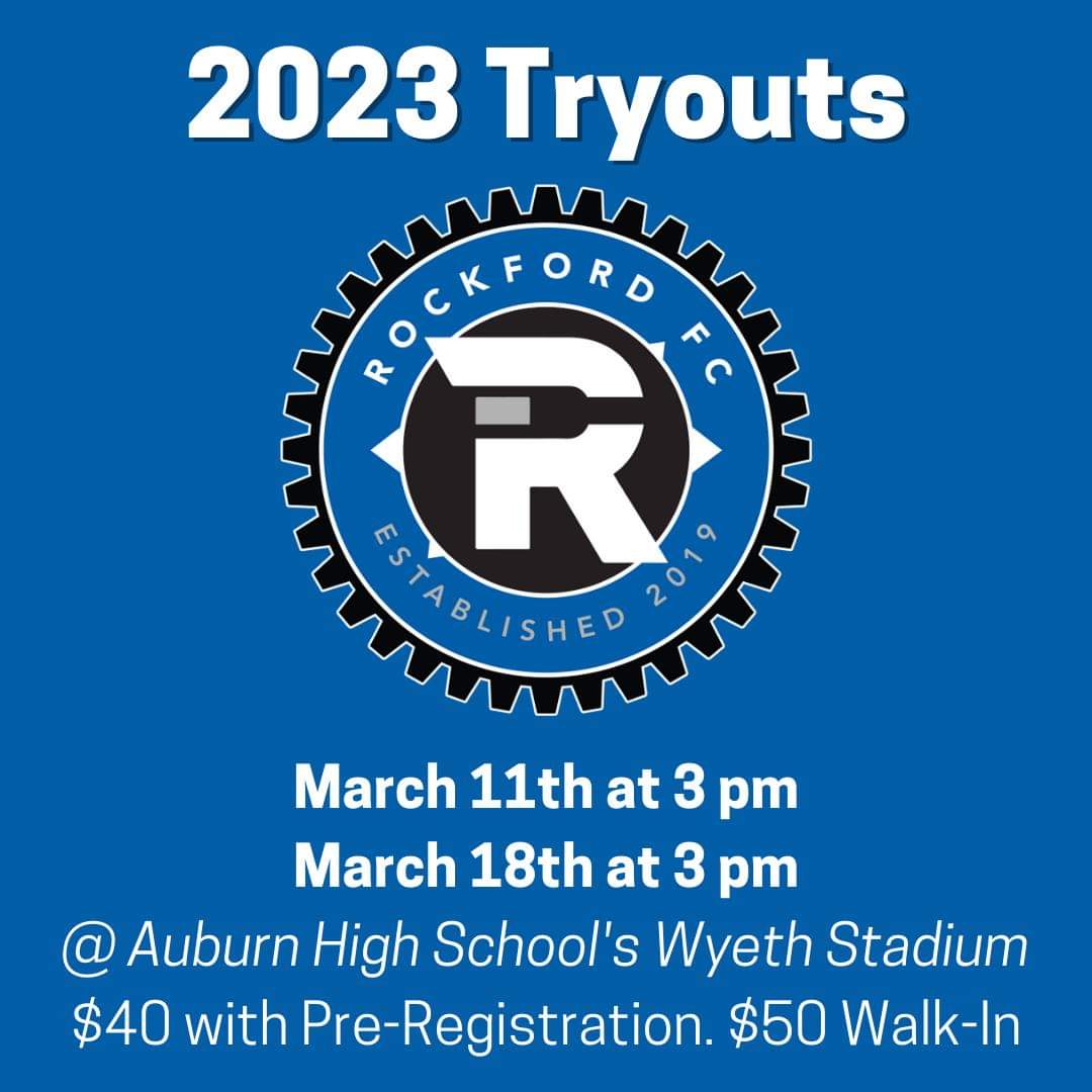 We've got a coach. Now we've got tryouts! We'll be hosting two tryouts this year on Saturday March 11th and Saturday March 18th, both at 3 pm. 

Details and pre-registration (giving you a $10 discount) available at RockfordFC.com/tryouts

#GearUpRFC⚙