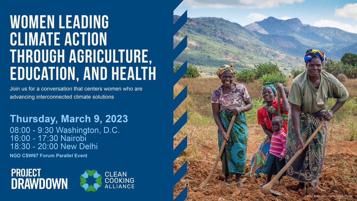 🚨 Webinar alert! 🚨 Join <a href="/ProjectDrawdown/">Project Drawdown</a> &amp; <a href="/cleancooking/">Clean Cooking Alliance (CCA)</a> on March 9 for an NGO #CSW67 Forum Parallel Event feat. 5 leaders advancing climate solutions in clean cooking, women's health, education &amp; agriculture. 

To register: bit.ly/WomenLeadingCl… #women #climate #DrawdownLift