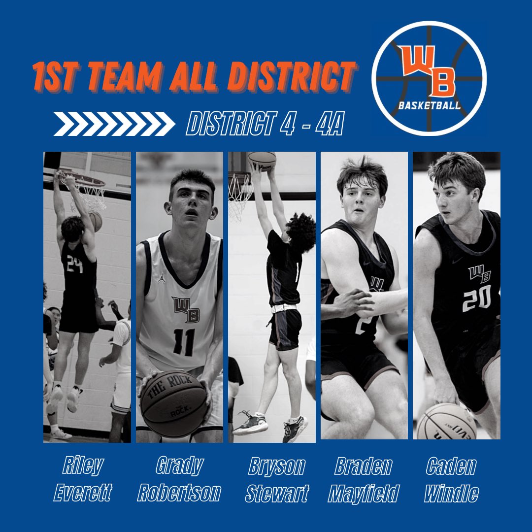 WBHSHoops's tweet photo. We are well represented on the All District 4 - AAAA team. 

Congratulations @Riley_Ever24ett @Grady_Rob11 @Bryson_Stewart4 @bmayfield527 @CadeDog20 @Reecepride1 and Luke Click! https://t.co/lzdgAVR43w