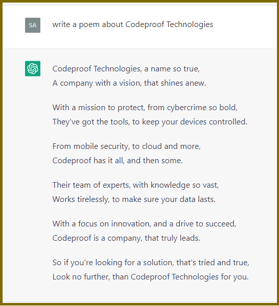 CodeproofTech's tweet photo. #chatgpt #codeproof #aipoem https://t.co/oFUL8FrujR