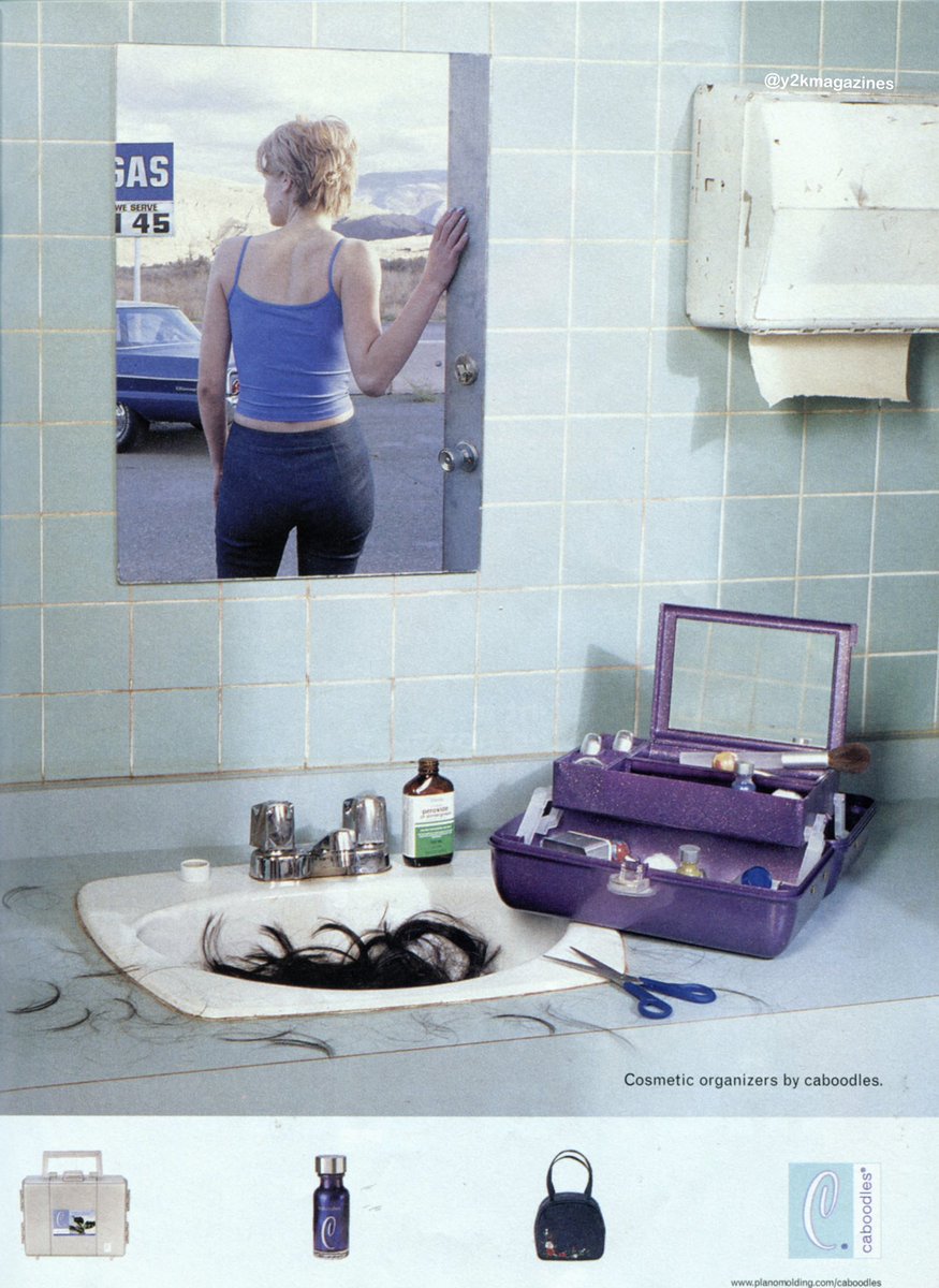 y2kmagazines's tweet photo. I love these Caboodles ads. Who is she? Who is she hiding from? Where is she going? (Caboodles, 1999) https://t.co/G38fR0Pc3f