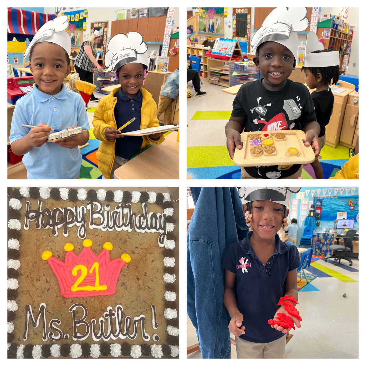 WBRelearning's tweet photo. Students have been learning about community helpers. Today is Ms. Butlerβs Birthday. Her students pretended to be chefs, waiters, and bakers and took her order like they were at a restaurant. #WBReLearning https://t.co/rG2PU5pHRh