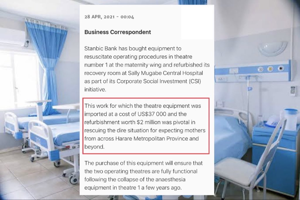 A foolish man always says on SABC:

1. The #ZimGov hasn’t built a maternity theatre since 1977. He also says it costs just US$30k to build one.

Zim Gov has build over 15 facilities with maternity theaters.

2021, #StanbicBank refurbished (not built) just one theatre at +US$2mil.