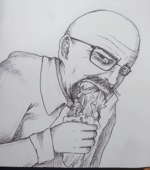 utilitron's tweet photo. I apologize to you, @BryanCranston, and the world for showing this image my 15yo daughter drew.

Walter White eating a turkey drumstick.

#BreakingBad #fanart #creepy #wtf https://t.co/p2NJAej25b