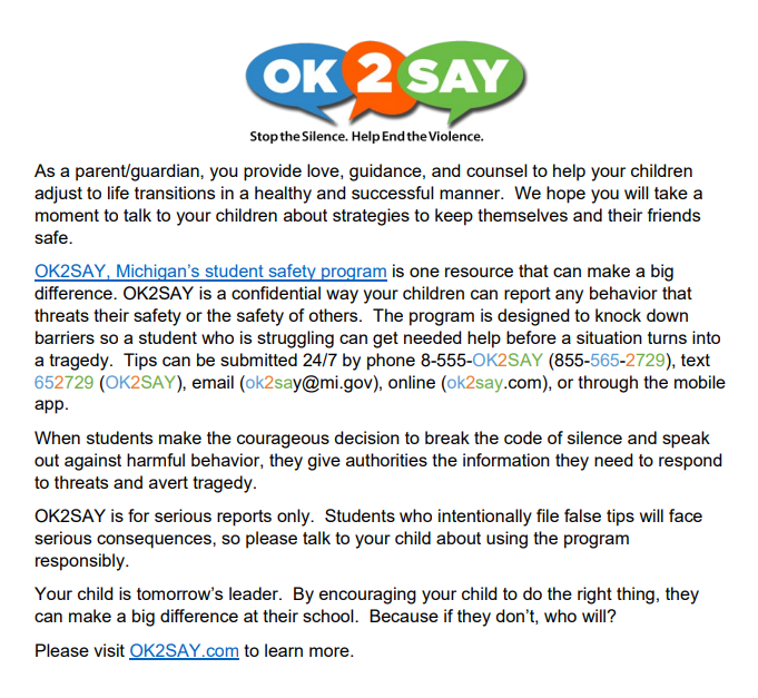 JeffreyJCollier's tweet photo. Sharing a reminder about this powerful "OK2SAY" free communication resource program in Michigan to best ensure that students, parents, and guardians have an engaged voice in the safety of all students. #SchoolSafety #SafeStudents https://t.co/wLKE2dGdan