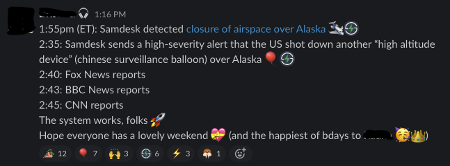 ssolbak's tweet photo. Comes back after an afternoon of meetings and see this in our company slack thread. The system works! (names blurred for privacy) https://t.co/yWs5DMTVcU