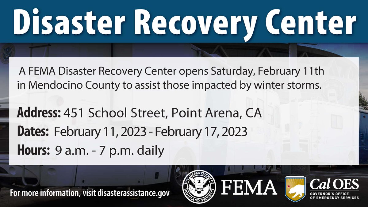 Cal_OES's tweet photo. In coordination with @fema and @countymendocino, a #DisasterRecoveryCenter will open on Saturday, February 11 to assist those impacted by winter storms.

Learn more: https://t.co/rfIwZffOX8 https://t.co/PNFOcMG0H3