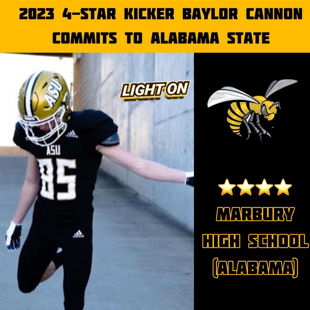 LightOnSports's tweet photo. 2023 4-Star Kicker Baylor Cannon Has #Committed To Alabama State, Via Social Media. 

From: Marbury High School (AL)

@BaylorCannon @BamaStateFB https://t.co/GLg1SdAWvy