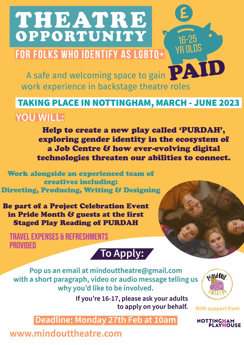 1/2 CALL-OUT for CREATIVE MENTEES 📣

- we're looking for 16-25 yr old queer performers / theatre makers to help us develop our new show, PURDAH - a play about Gender Identity set in a Job Centre (R&amp;D <a href="/NottmPlayhouse/">Nottingham Playhouse</a>, sharing at <a href="/wearenonsuch/">Nonsuch Studios</a>)

- funded by <a href="/ace_national/">Arts Council England</a> 💷

👇👇