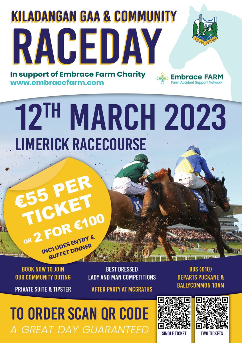 Keep Sunday 12th March free in your diary as Kiladangan GAA club will be running a community race day in Limerick racecourse. Buffet dinner included in the ticket aswell as a private suite and best dress competition. 
Tickets available to purchase at kiladangangaa.com/products.