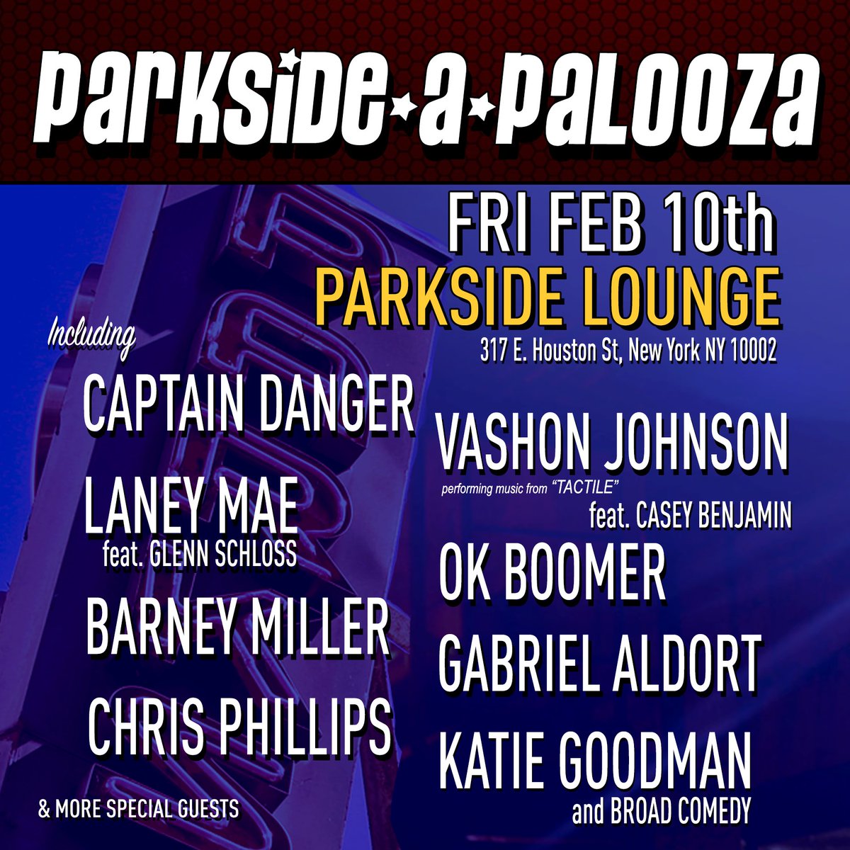 Friday Feb 10th in New York!
Captain Danger &amp; a great cast of performers - including Vashon Johnson (feat. Casey Benjamin)!           
    parksidelounge.nyc/calendar/parks…                                  captaindanger.com