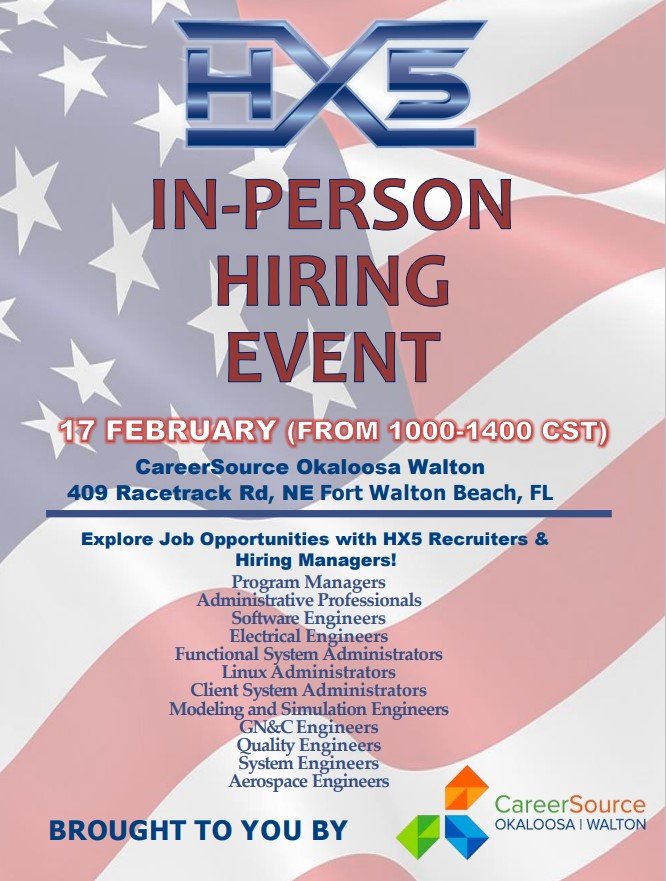 Attention JOB SEEKERS... You are all invited to HX5's Hiring Event February 17, 2023, held at CareerSource Okaloosa Walton. Hiring managers will be present for on-the-spot interviews! Register ahead as a job seeker in EmployFlorida.com and check out all available positions.