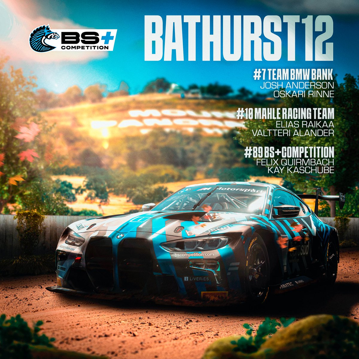 BScompetition's tweet photo. A mega weekend lies ahead for the 🦓

We'll send three BMW M4 GT3s into action at the 🇦🇺 @iRacing Bathurst 12h.

#TeamBMWBank
#MAHLERACINGTEAM
#BSCOMPETITION

🦓🤝🦘

#BSCOMPETITION | #EsportsRacing | #BMWSIM | #MAHLEsim https://t.co/jJliPa3B8U