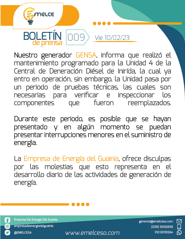 EMELCESA's tweet photo. #atencióninirída | De acuerdo con el comunicado emitido por la Central de Generación Diésel GENSA, las interrupciones de energía presentadas en los últimos días en el municipio, se producen debido a que la Unidad pasa por un periodo transitorio de pruebas técnicas.
#EmelceSA https://t.co/dykoqYbdSP