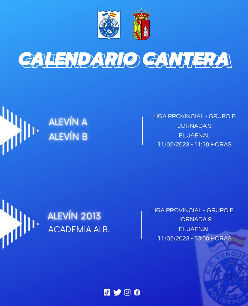 cd_yunquera's tweet photo. 👦 #CanteraCDY |

🔹 Estos son los partidos de nuestros alevines este fin de semana. ¡El Alevín A se enfrentará al Alevín B! 

🤟¡Vente a verlo!

#123yunquera 🔵 #DeporteEscolar https://t.co/ZTIEBNJtEz