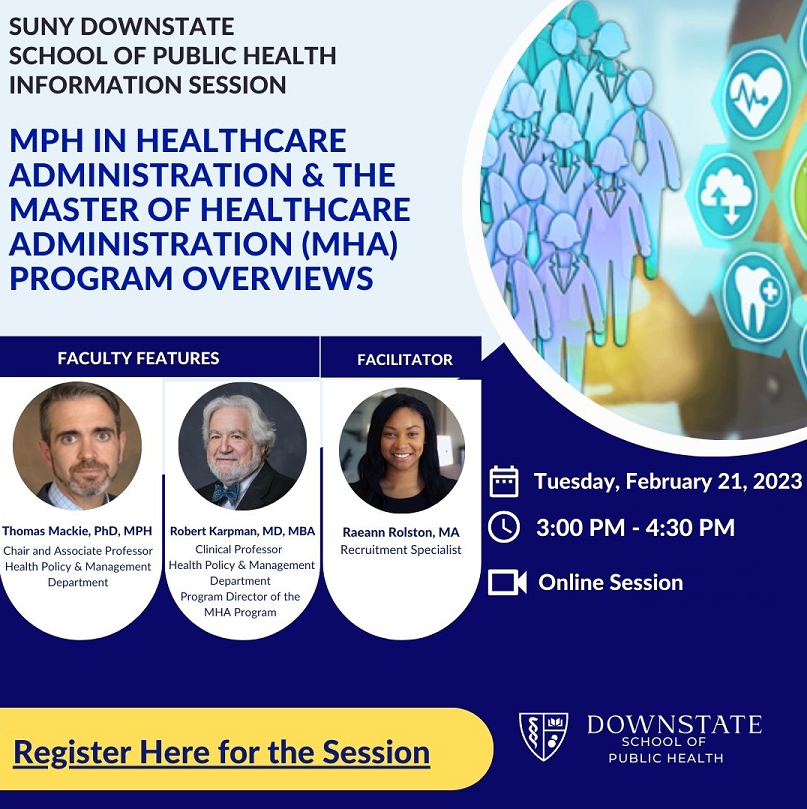 DownstateSPH's tweet photo. Please JOIN US on Tuesday, 2/21 at 3pm virtually for the #SUNYDownstate School of #PublicHealth #InfoSession!
Pre-register for FREE @
https://t.co/5JECSJ5POT
#downstatesph #onlineworkshop #SPHInfoSession #MPH #DrPH #PublicHealthProgram #PublicHealthAdvancedCertificate https://t.co/nQKHiBULmV