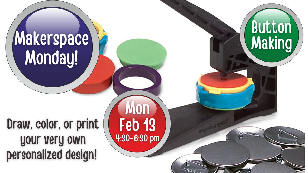 HankinLibrary's tweet image. Makerspace Monday is just around the corner! Stop by our library Makerspace on Mon Feb 13 between 4:30-6:30 pm to draw, color, or print your very own personalized design! Need more info? Call our Makerspace at 610-344-4218.
#HankinLibrary #Makerspace #buttonmaking