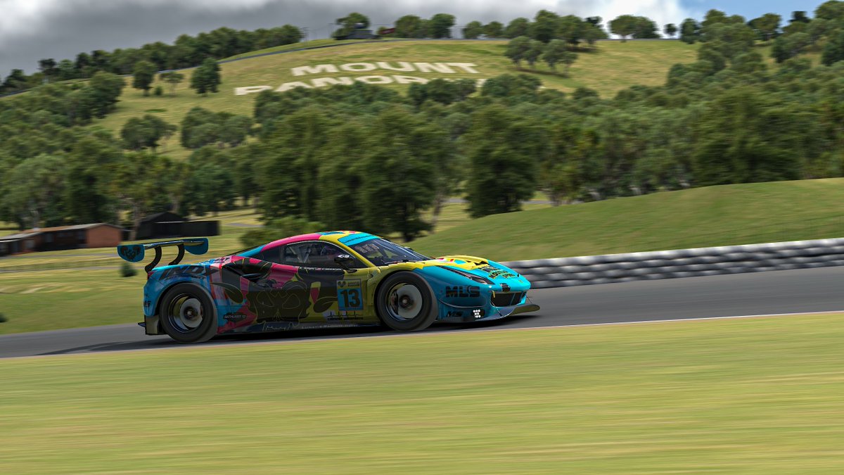LunatikRacing's tweet photo. This weekend the LunatiKs &amp; @moonlight_speed are taking on the @iRacing #Bathurst12hr which also means special livery time! Introducing the BabytiK MoonLight Speed Racing Ferrari inspired by @babybullracing Aston Martin Vantage GT4. Can the #LunyBin conquer the mountain? https://t.co/TMyO7tgL6k