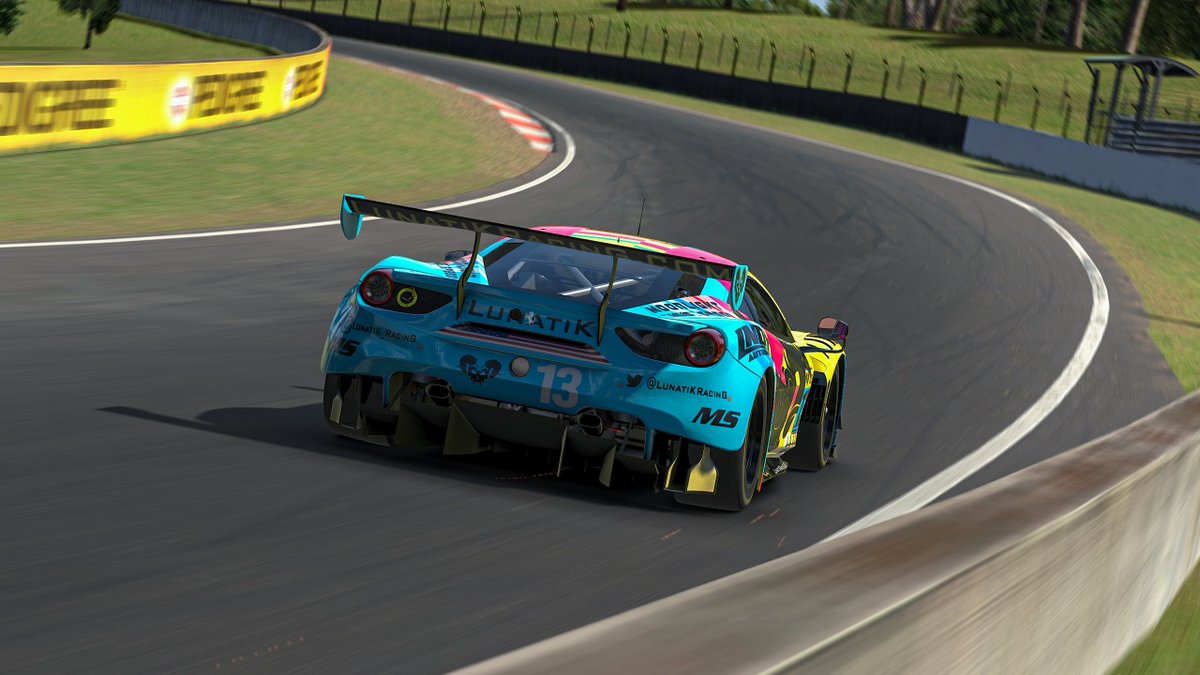 LunatikRacing's tweet photo. This weekend the LunatiKs &amp; @moonlight_speed are taking on the @iRacing #Bathurst12hr which also means special livery time! Introducing the BabytiK MoonLight Speed Racing Ferrari inspired by @babybullracing Aston Martin Vantage GT4. Can the #LunyBin conquer the mountain? https://t.co/TMyO7tgL6k