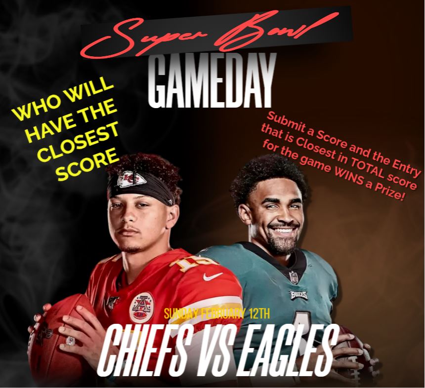 What Score do you think we'll see Sunday! Comment and the person closest to TOTAL combined score will WIN a prize.   Share this as well and you'll get an additional prize. Entries will be accepted until game time. #ChiefsKingdom #SuperBowl #kcchiefs