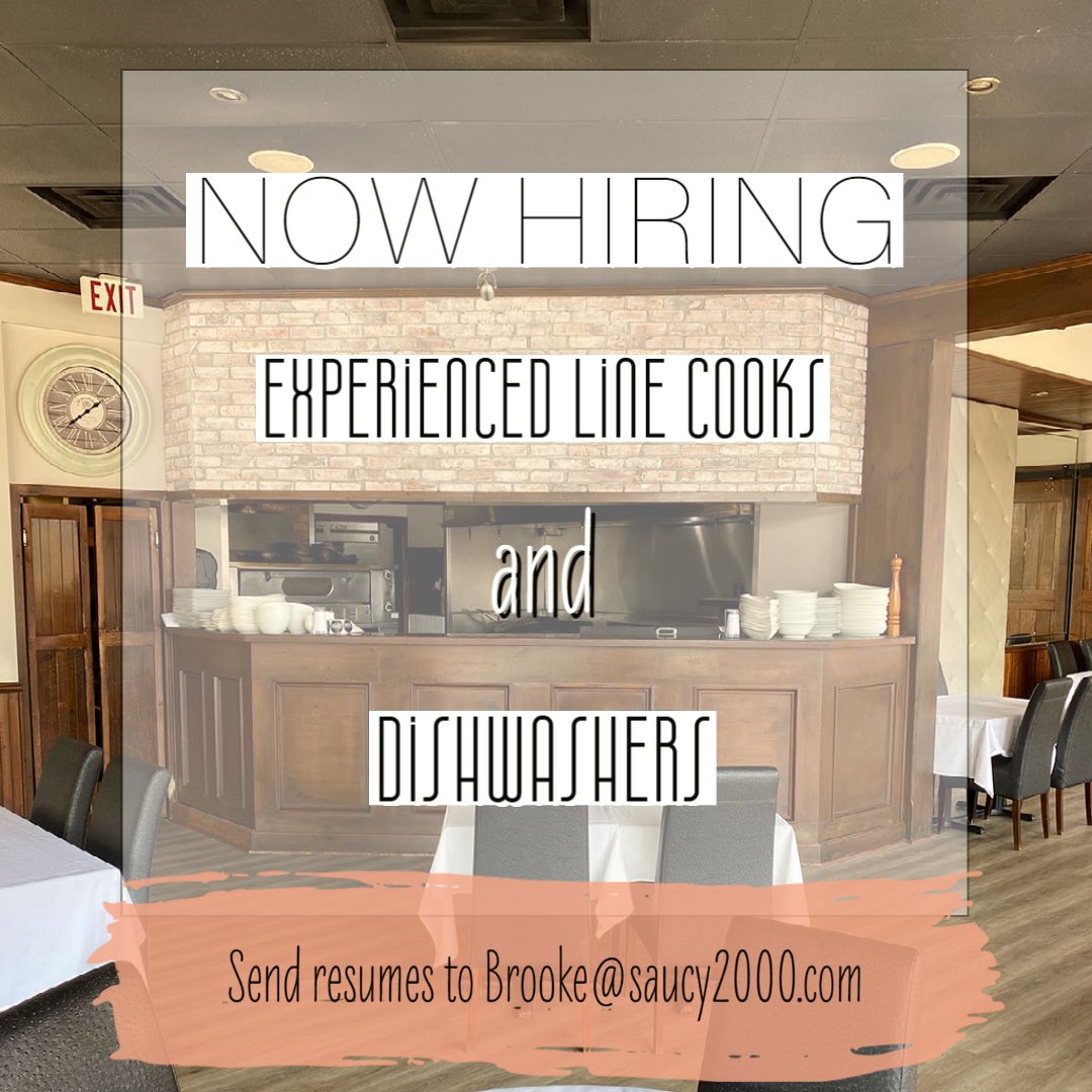 If you or someone you know has experience we are looking for line cooks & dishwashers please reach out via email or come by the restaurant and apply in person

111 Queen St S
Streetsville, ON

#saucy #streetsville #linecooks #cooks #dishwasher #staffwanted #nowhiring #busy