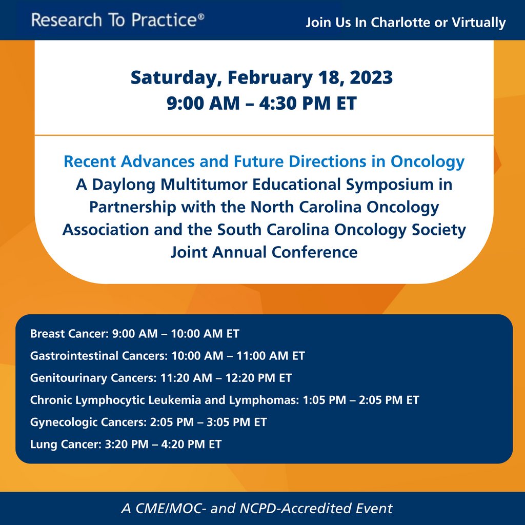 Stephen V Liu, MD (@stephenvliu) on Twitter photo Tomorrow! Multi-tumor symposium with <a href="/DrNeilLove/">Research To Practice</a> & Research to Practice, live or virtual, with the North Carolina Oncology Association & South Carolina Oncology Society 2023 meeting. Dr. <a href="/IbiayiMD/">I.DagogoJackMD</a> and I will discuss the lung cancer updates! Register now!
researchtopractice.com/Meetings/NCOA-… Tomorrow! Multi-tumor symposium with <a href="/DrNeilLove/">Research To Practice</a> & Research to Practice, live or virtual, with the North Carolina Oncology Association & South Carolina Oncology Society 2023 meeting. Dr. <a href="/IbiayiMD/">I.DagogoJackMD</a> and I will discuss the lung cancer updates! Register now!
researchtopractice.com/Meetings/NCOA-…