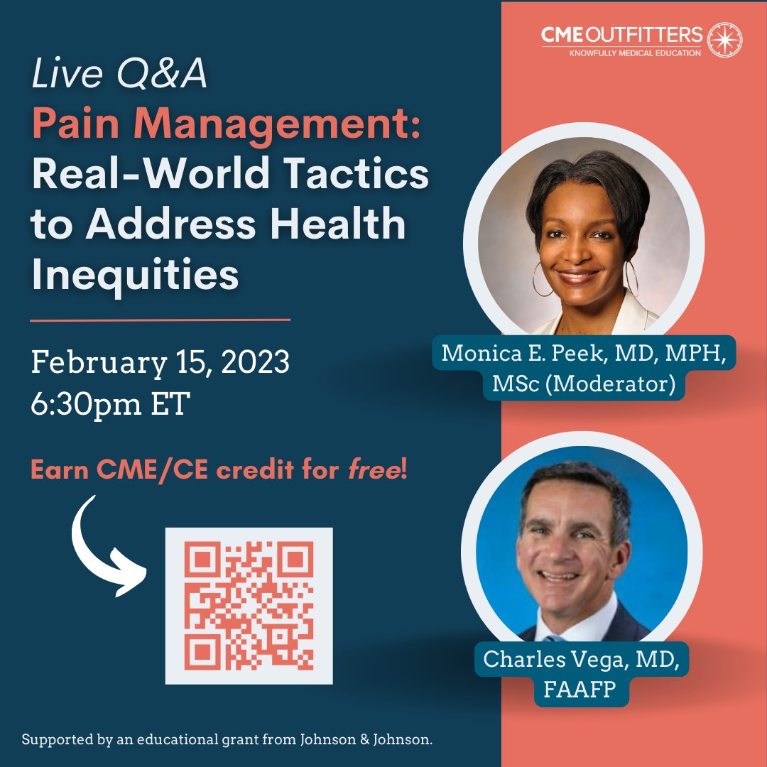 cmeoutfitters's tweet photo. π Looking to address #HealthInequities with #PainManagement?
Join @DrMonicaPeek & @DrVega Wed. February 15th @ 6:30p ET & discover real ways to π #QoL in your patients w/#ChronicPain
Register to Earn π #CME/#CEcredits π https://t.co/nKtNxLb2zO
#MedTwitter #MedEd4Equity https://t.co/Oi4P4sAdZq