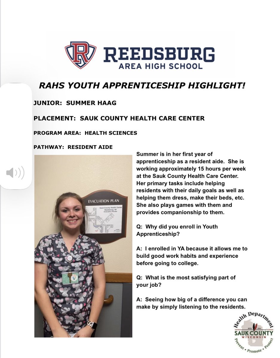 DaveAnliker's tweet photo. Youth Apprenticeship Highlight!  Congratulations Summer Haag!!  #ReedsburgPride https://t.co/TulCLEfIWT