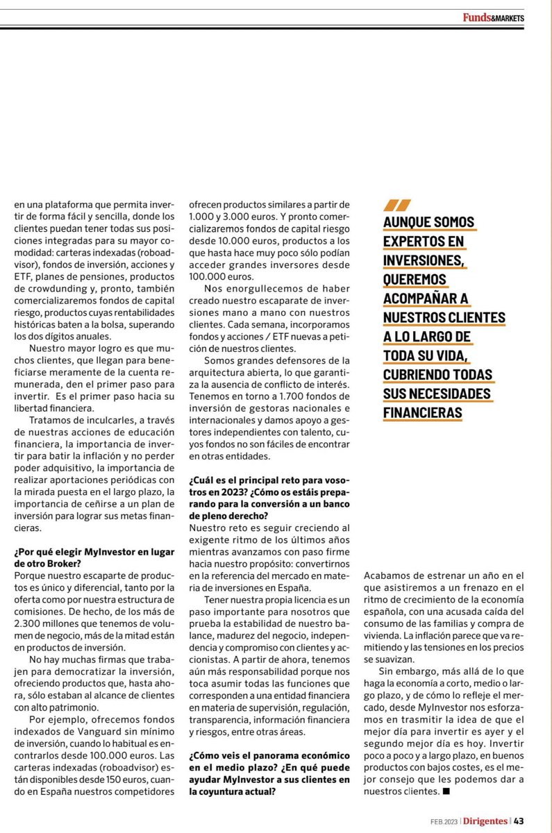 📖 Lectura para antes de dormir. <a href="/RocamoraNuria/">Núria Rocamora</a>, CEO de MyInvestor, explica a @DirigentesDg el propósito de MyInvestor: ayudar a sus clientes a gestionar su dinero ofreciéndoles los mejores productos y acercarlos a la libertad financiera. ¿Creéis que lo estamos consiguiendo?🙃