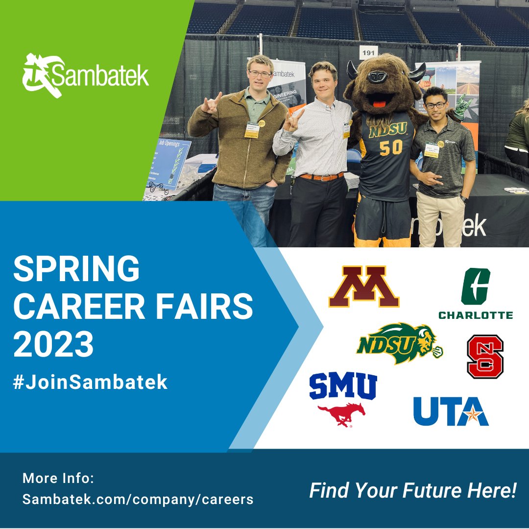 SAMBATEKllc's tweet photo. The Sambatek team is having great time at this month’s Engineering Career Fairs connecting with like-minded individuals, talking about what it’s like working at our company, and inspiring others to consider a career with us! 
@UMNews @NDSU @utarlington @unccharlotte @NCState @SMU https://t.co/c9frgCWuqk