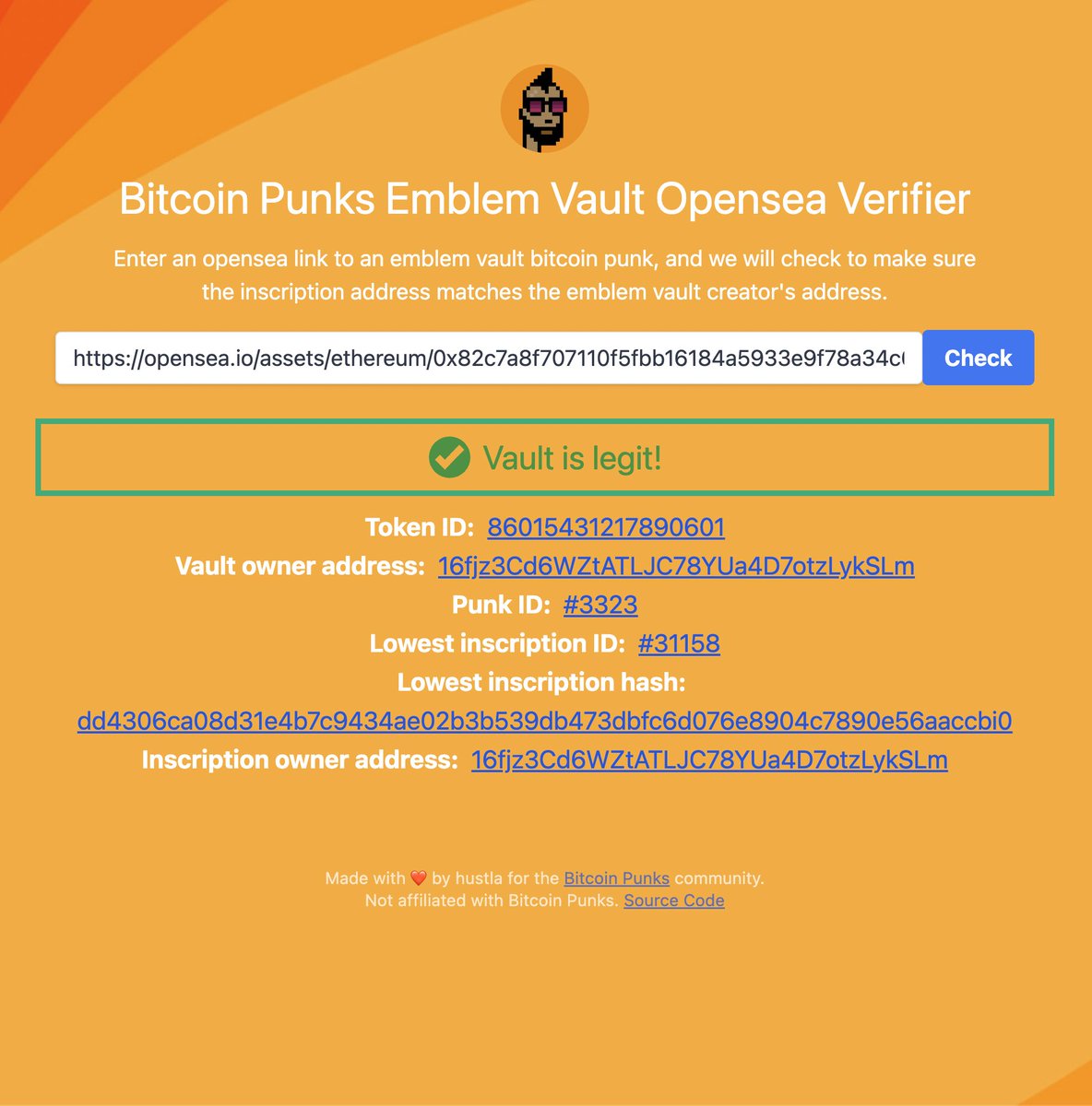 LeonidasNFT's tweet photo. A @Bitcoin_Punks_ community member built a tool to easily check if a vaulted punk on OpenSea is real.

Always check with this tool before buying. Scammers are out in force!

👉 https://t.co/AIYxz1PEBW https://t.co/L6k0yGGjAq