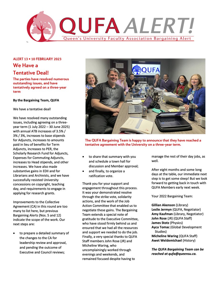 QUFA Alert: A Tentative Agreement has been reached between QUFA and Queen's University: qufa.ca/wp-content/upl…