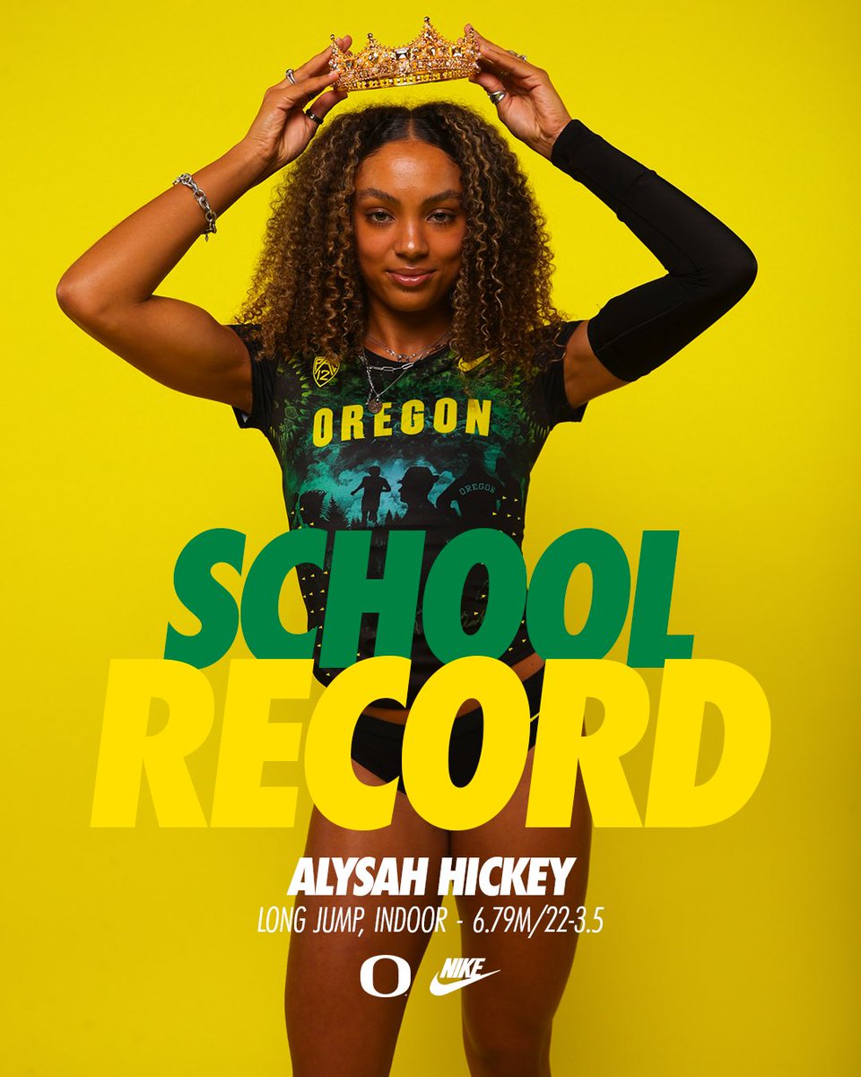 OregonTF's tweet photo. 👑
Alysah Hickey re-set her own UO record Friday with a jump of 6.79m/22-3.5 at the Don Kirby Invitational but also…
✅ No. 1 in NCAA this year
✅ No. 3 in the world this year
✅ No. 11 in collegiate history
#GoDucks | @AlysahHickey https://t.co/eguwmeJ4Sy